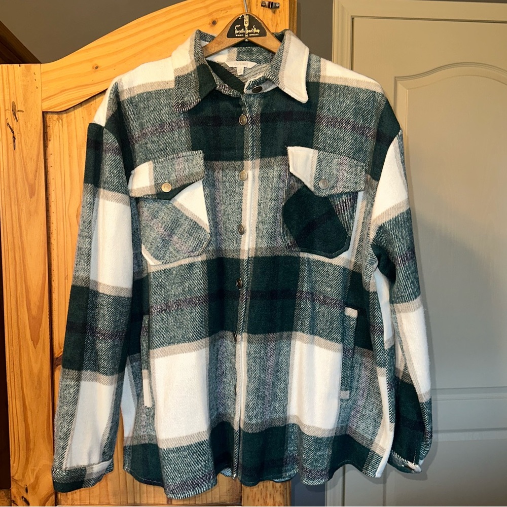 Green plaid brushed flannel jacket